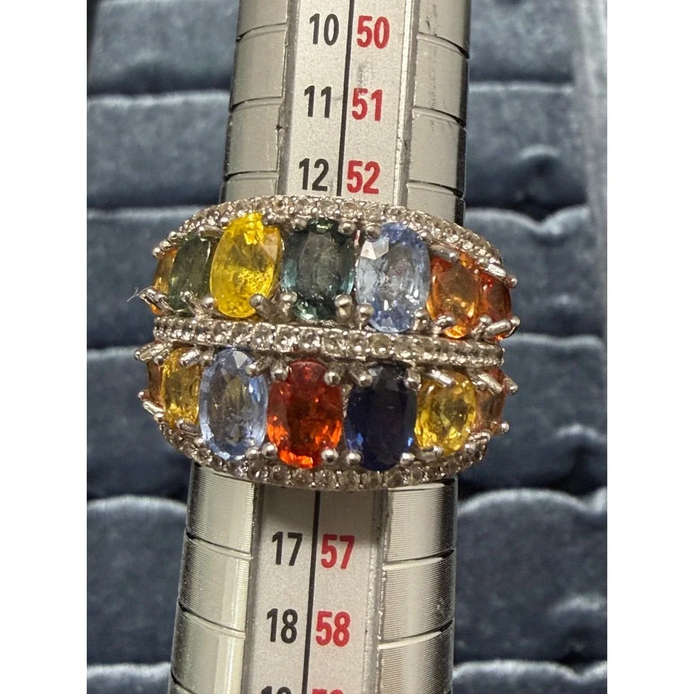 Multi Gemstone Rainbow Ring Wide Band Oval Cut 925 Yellow Blue Orange Green Sz 7